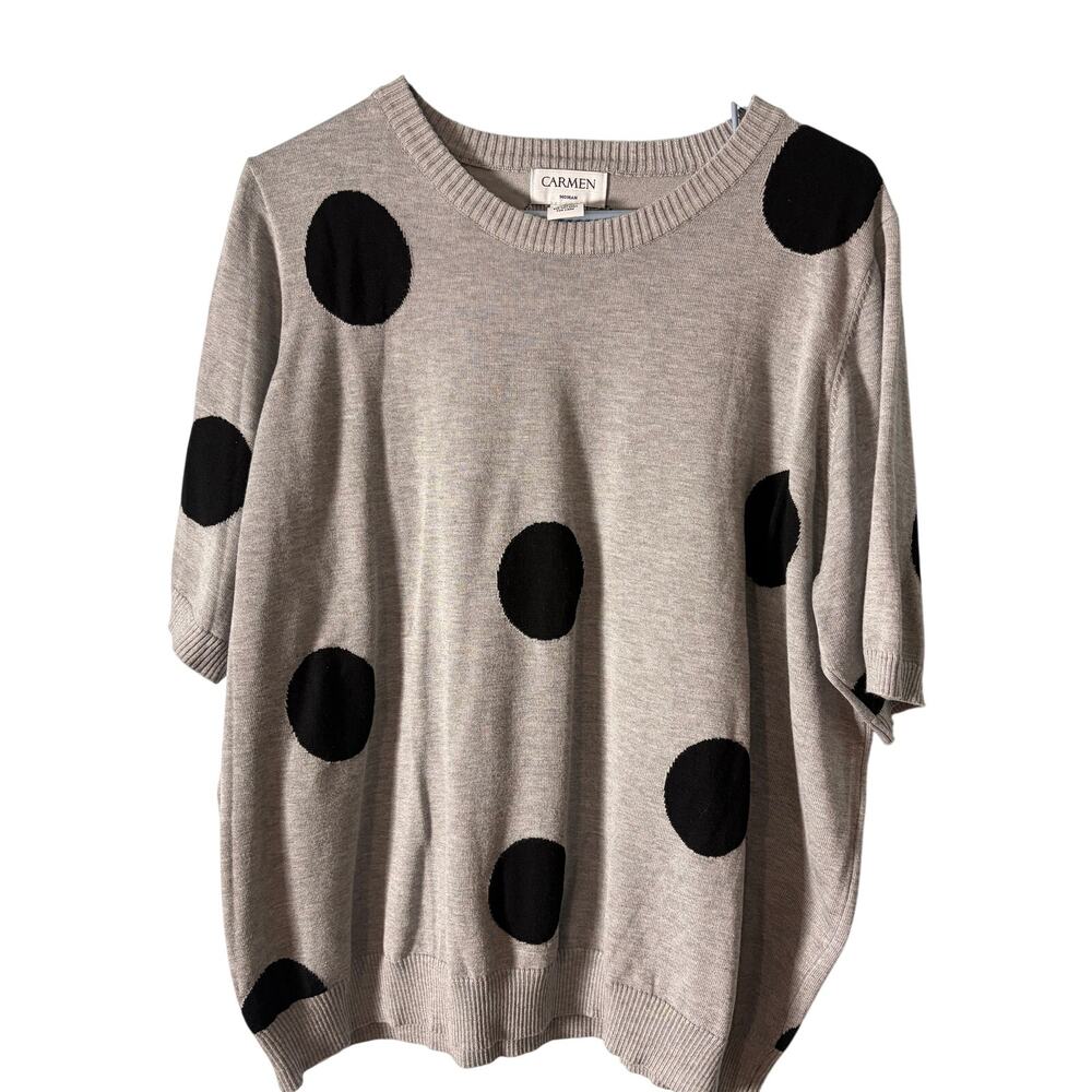 Carmen Marc Valvo Woman 2X Polka‎ Dot Knit Sweater Grey Black Oversized Boxy Top